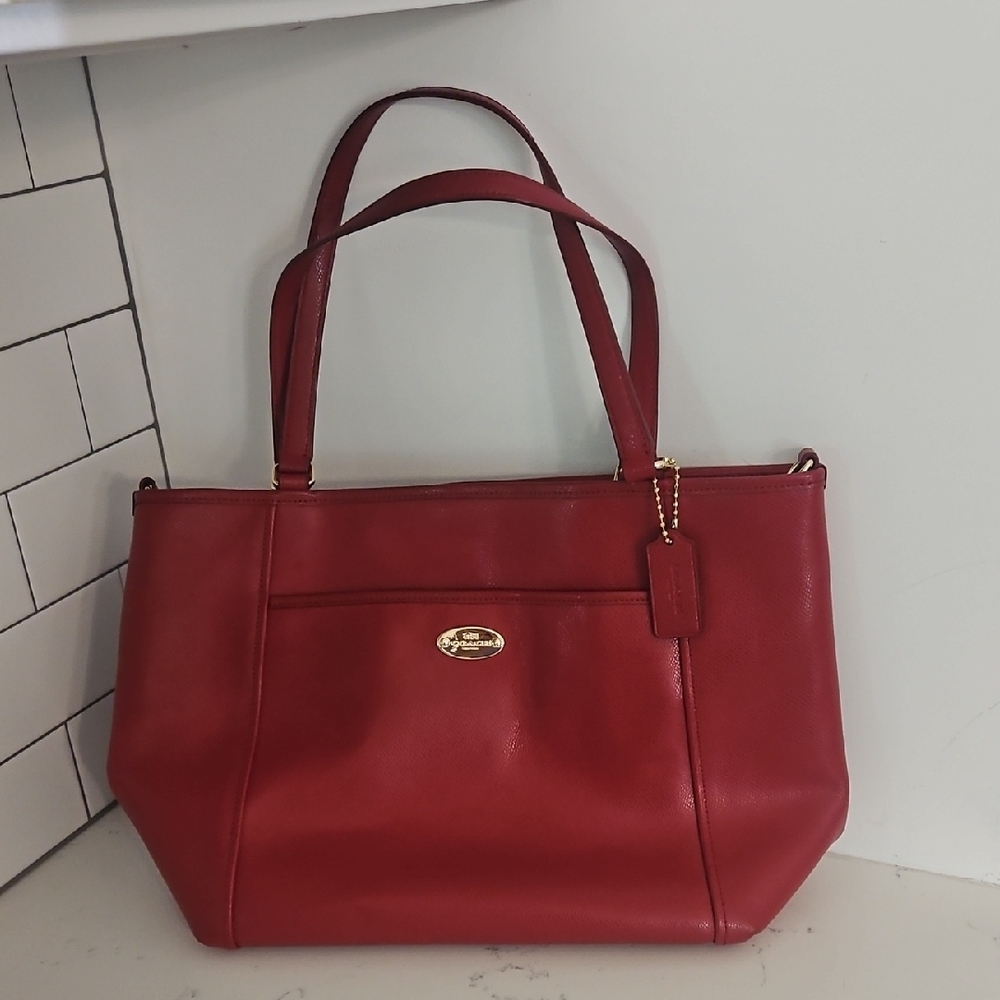 Coach Cherry Red Leather Tote Pre-owned - Shows Some Wear And Dark Spots